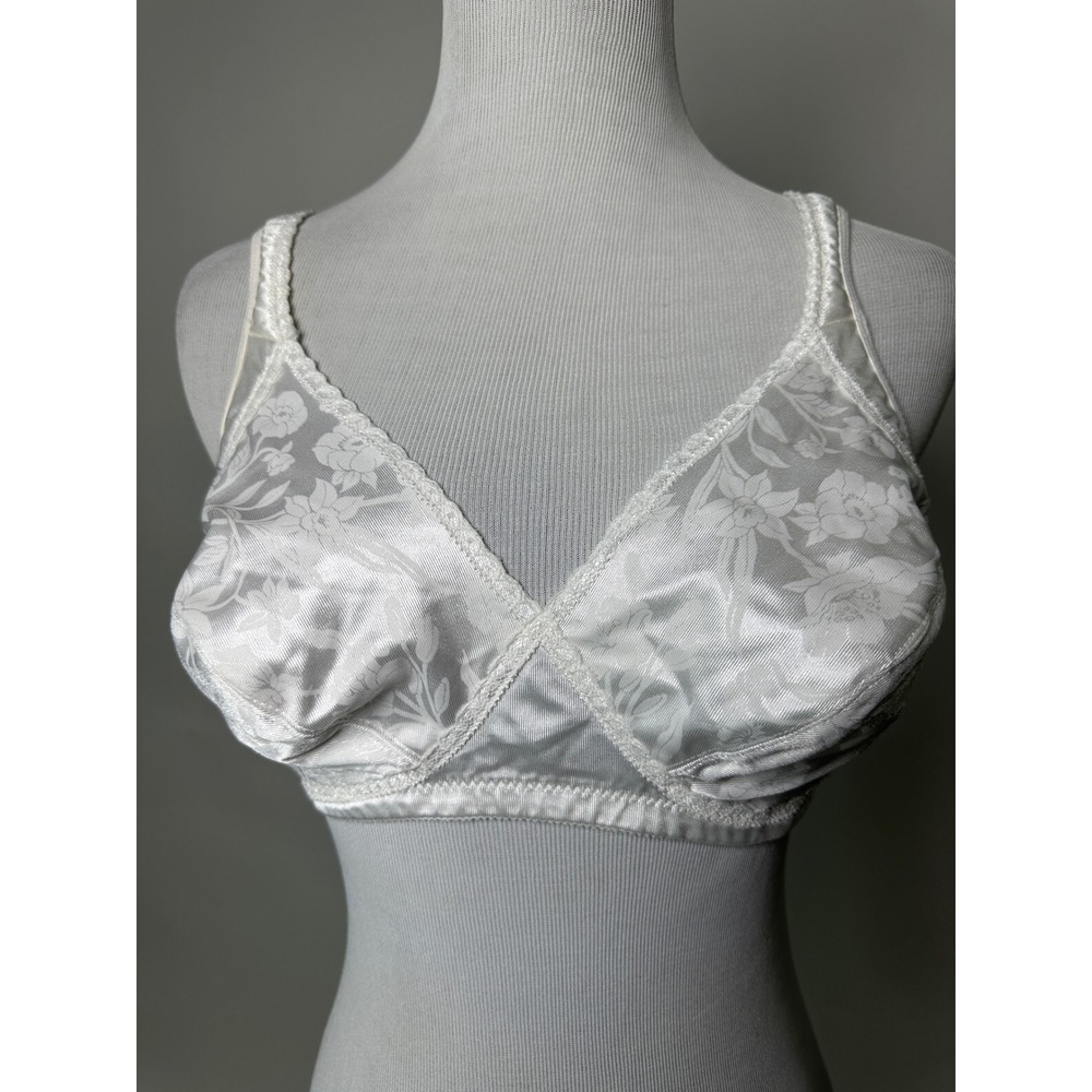 Vintage Playtex Cross Your Heart Unlined Satin Bra 38B White Wireless Floral